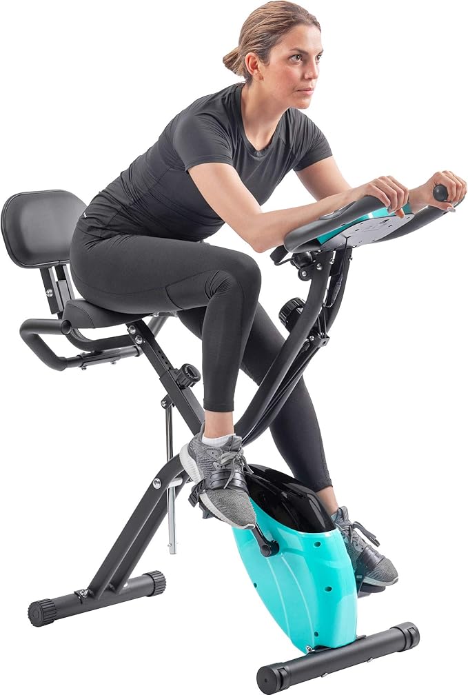Folding Exercise Bike — 2-in-1 Upright & Recumbent Fitness Bike, 16-Level Adjustable Resistance, Adjustable Backrest, Arm Bands, Compact Foldable Design