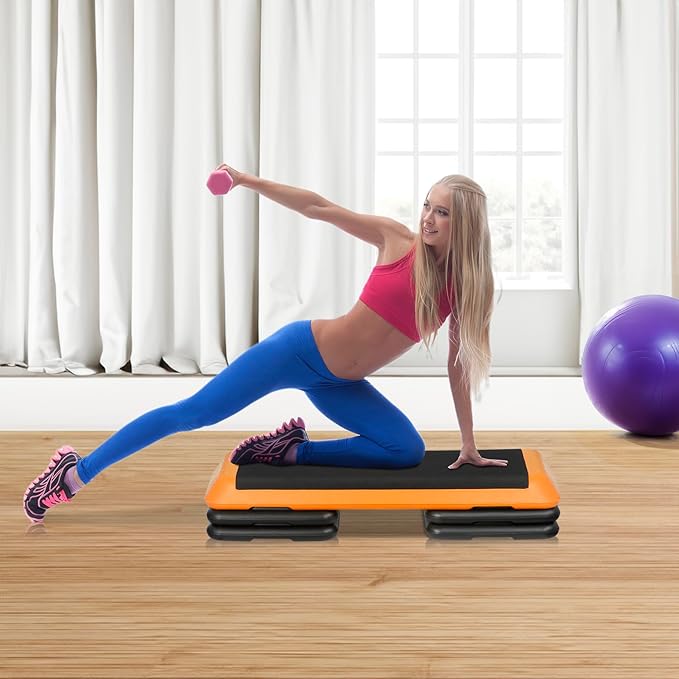 43" Exercise Aerobic Step Platform, Adjustable Fitness Stepper, with 4 Removable Risers for Home Gym Cardio Strength and Training