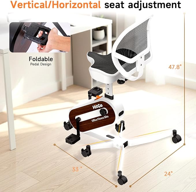 Office Exercise Bike Desk Chair,330 lbs Heavy Duty Under Desk Bike with 9-Level Height Adjustable Seat 24.4"-33.8",8-Level Resistance & Rolling Wheels,Quiet Fitness Chair for Home Office