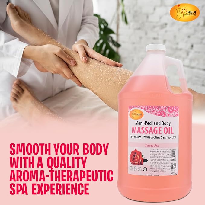 SPA REDI - Sensual Rose Massage Oil, 128 Oz - Professional Pedicure, Manicure & Full Body Therapy, Blend of Almond, Cotton Seed, Sunflower & Avocado Oils, Infused with Essential Oils & Vitamin E