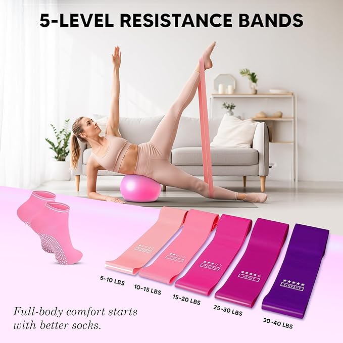 Pilates Ball and Ring Set for Women - 14-Piece At Home Pilates Kit with 12-Inch Magic Circle, 5 Resistance Bands, Home Workout Equipment for Full Body Training (Pink)