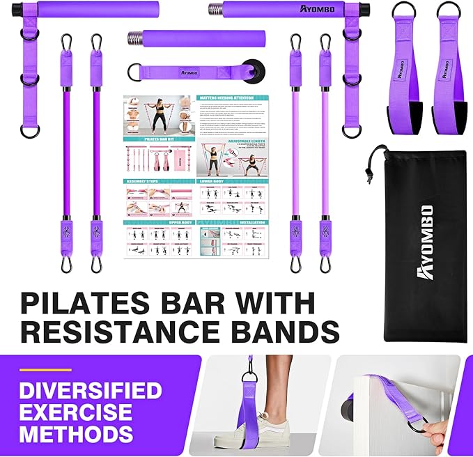 Pilates Bar Kit with Resistance Bands, Pilates Workout Equipment for Legs, Hip, Waist, Arm, Squats Exercise Equipment for Home Workouts, Adjustable 3-Section Pilates Bar Kit for Women & Men