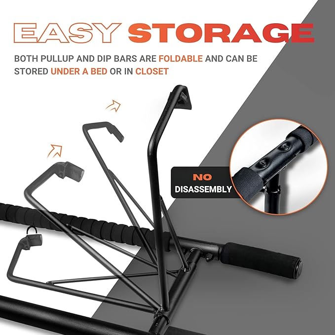Folding Door Pullup Bar and Dip Bar Station - NO WOBBLE, Home Gym, Easy Storage, Power Tower Dip Station and Pull-up Bar for Doorway, Collapsible Dip Station, No Door Damage, High Weight Capacity, Foldable Bodyweight Workout Station