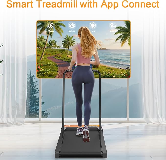 Treadmills for Home Small with 0%-8% Incline and APP Sync, Compact Under Desk Walking Treadmill Pad with Handle Bar Removable, Remote Control and LED Display, 2.5HP