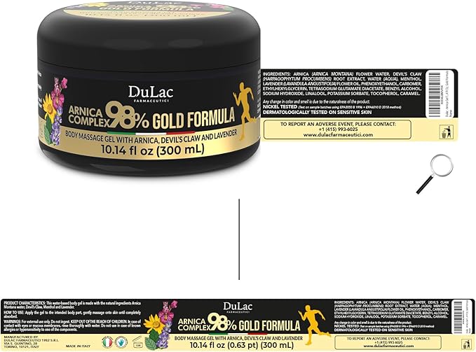 Dulàc - Arnica Body Massage Gel, Arnica Montana 98% Maximum Strength + Devil's Claw for Muscle Massage, Arnica Montana Complex 98% 10.14 Fl Oz, Gold Formula