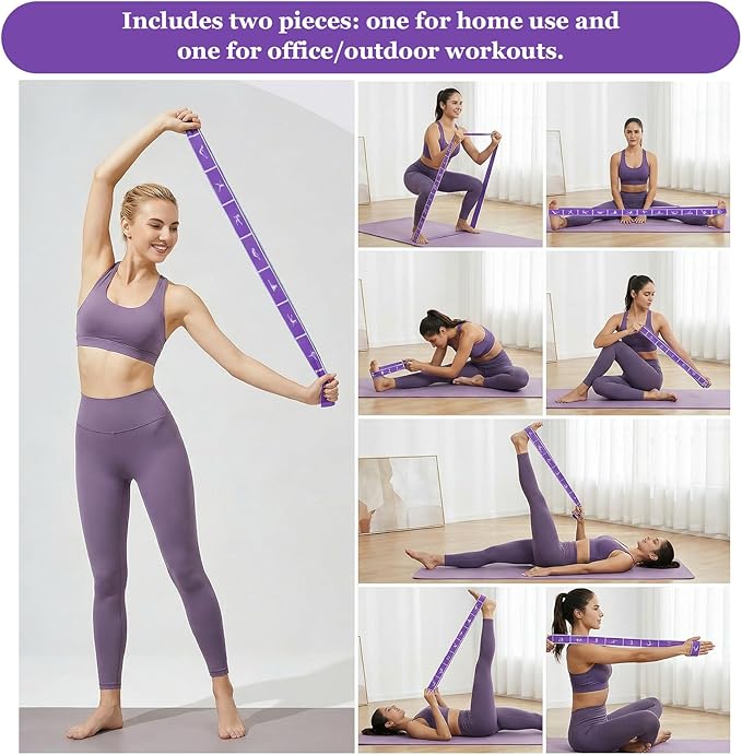 2pcs Yoga Straps for Stretching 12 Gears Elastic Bands for Exercise Stretch Band with Loops for Pilates, Yoga, Ballet, Gymnastics for Women Men, Improves Body Flexibility