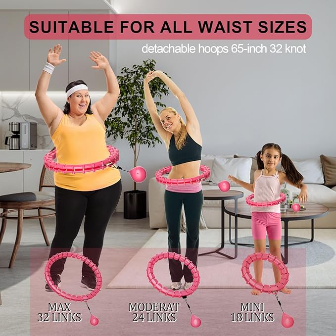 Plus Size Silent Weighted Hula Infinity Fitness Detachable Hoops 65-Inch 32 Knot, Smart Noiseless Infinity Hula for Women, Waist and Abdominal Home Weight Loss Exercise Fit Hoop
