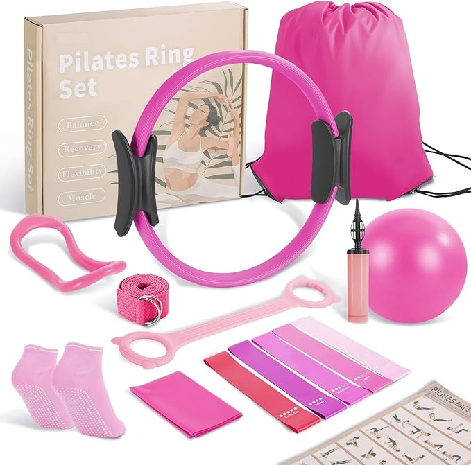 Pilates Ring Set - Home Equipment for Women with 14-inch, 9.8-inch Ball & 5 Resistance Bands for Muscle Training & Flexibility