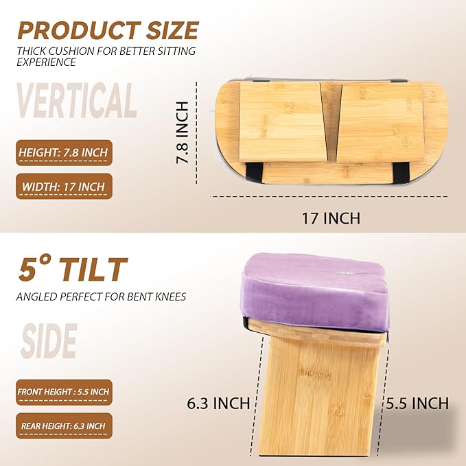 Meditation Bench, Bamboo Meditation Stool, Folding Kneeling Meditation Bench, Seiza Prayer Bench, Prayer Bench with Meditation Cushion, Kneeling Stool(Purple-Bag)