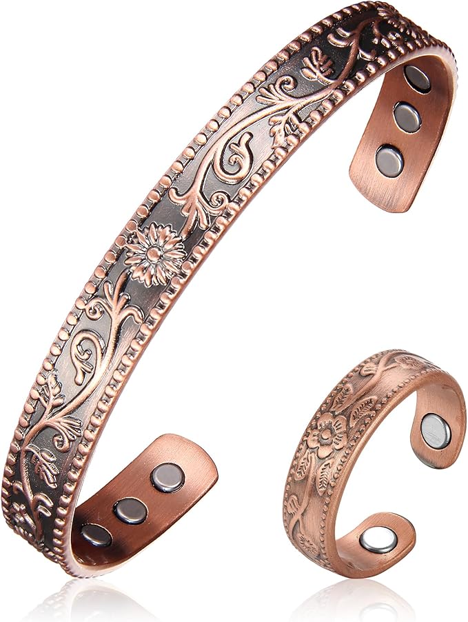 BioMag 99.99% Pure Copper Bracelet&Ring for Men and Women, Adjustable Magnetic Bracelet & Ring with Built-in Strong Magnets, Elegant Vintage Flower Design, Jewelry Christmas Gift
