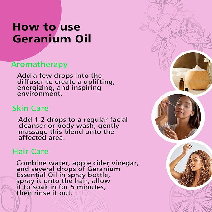 Geranium Essential Oil 10ml, 100% Pure Geranium Oil for Diffuser, Skin, Hair, Face, Soap & Candle Making, Aromatherapy & Massage