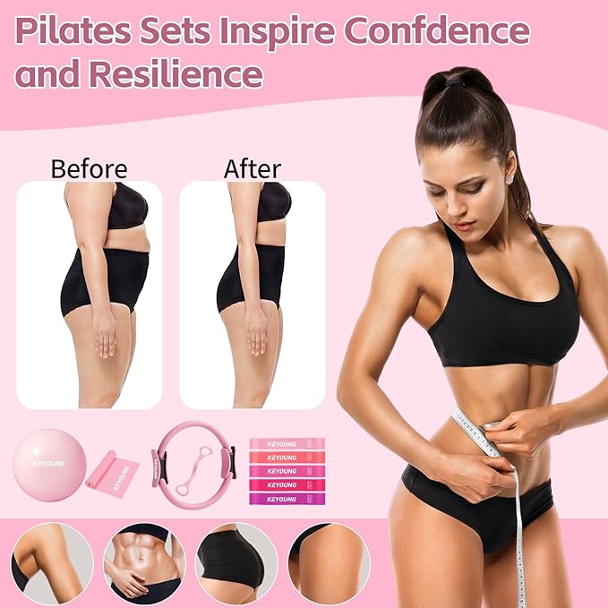 12 Pcs Pilates Equipment kit for Home Workouts, Women's Pilates Essentials Set, Pilates Ring and 2 Ball Accessories Ket, with 5 Resistance Loop, Grip Socks, Resistance Bands, Sculpt Band & Storage Bag