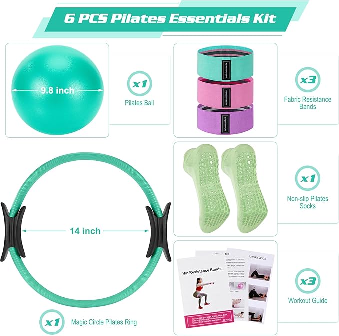 Pilates Essentials Kit for Home Women, Ring and Ball Set, Pilates Equipment for Workouts, 3 Resistance Bands, Grip Socks, 14 Inch Magic Circle, Mini Exercise Ball, Great Exercise Equipment