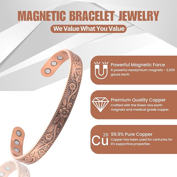 Copper Bracelet for Men and Women, Strength Mens Magnetic Copper Bracelets with 3,800 Gauss Magnets, 99.99% Pure Solid Copper, Handmade Copper Jewelry Gift