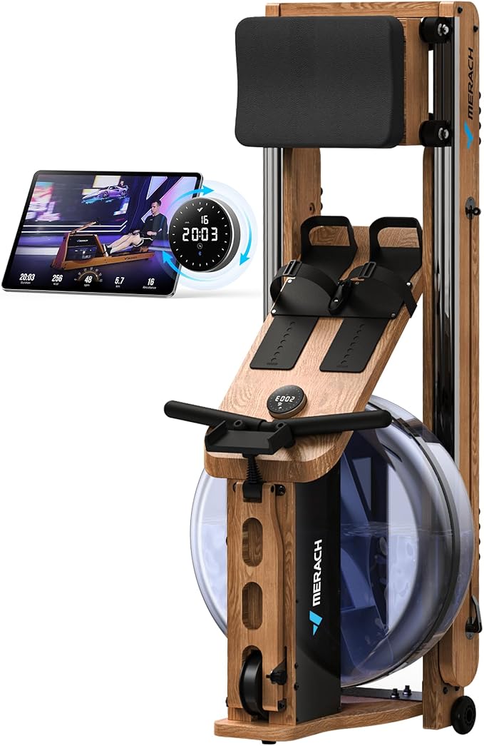 MERACH Foldable Wooden Rowing Machine, Water Electromagnetic Rower Machine for Home Use, Exclusive App Lifetime Membership, Patented Space Saver, MERACH Go Technology, 950