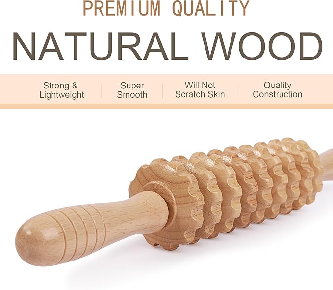 Muscle Roller Wood Cellulite Massage Roller Deep Tissue Massager Wood Therapy Massage Tools Fascia Blaster for Lymphatic Drainage, Muscle Relief(9-Wheel)