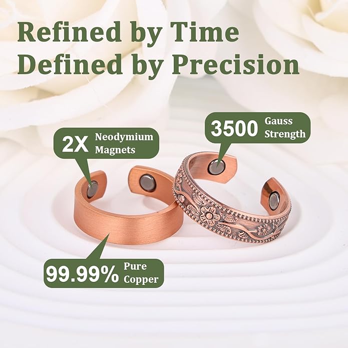 2PCS Magnetic Copper Rings for Women, Elegant Lymphatic Jewelry Gifts, Vintage Flower Adjustable Design(Copper)