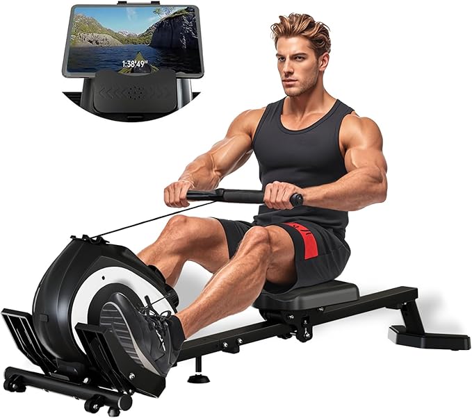 Magnetic Rowing Machine for Home | Adjustable 8-Speed Booster | Burn Fat & Sculpt Muscles | Supports Up to 265 LBS | Phone/Tablet-Ready Design