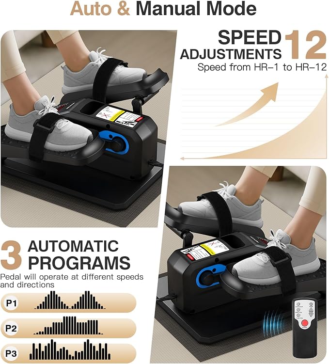 Under Desk Elliptical Machine,Ellipse Leg Exerciser Electric with Remoter,12 Manual Adjustable Speed and 3 Automatic Speed,Portable Seated Pedal Exerciser for Seniors,Adults,Home,Office