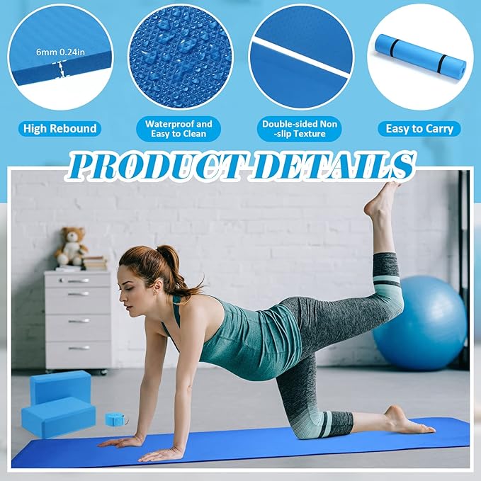 Liliful 10 Pcs Yoga Starter Kit Include 6mm Yoga Mat with Carry Strap, 2 Blocks, 65cm Pilates Ball, Stretch Strap, 5 Resistance Bands with Air Pump Home Workout Set for Beginners Women Men Gym