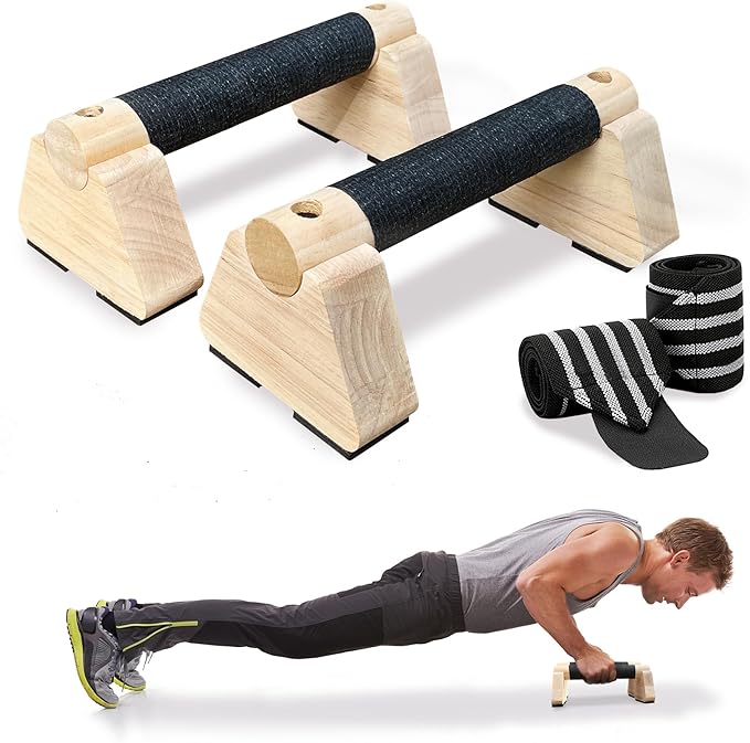 Parallettes Bars, Wooden Push Up Bars with Wrist Wraps for Men & Women, Handstand Training Bars for Home Gym, Non-Slip Calisthenics Equipment, 440lbs Durable Floor Push Up Handles