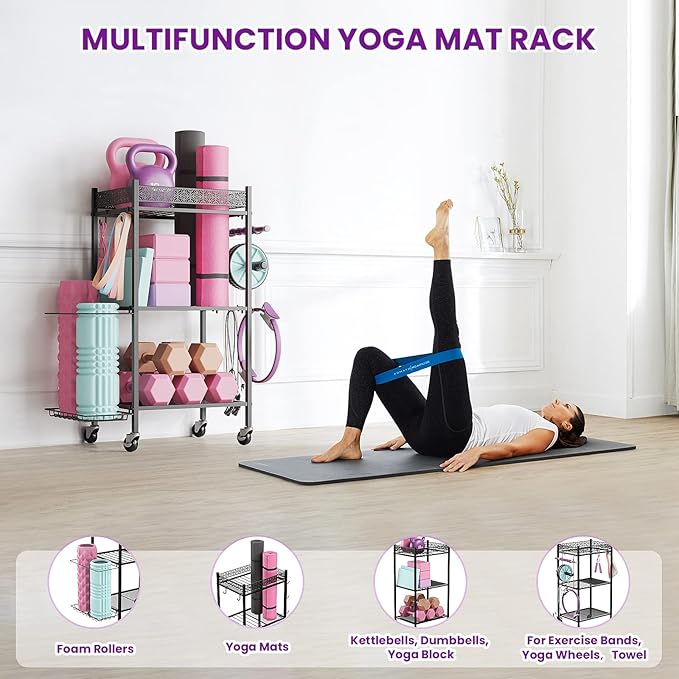 Yoga Mat Storage Rack, Home Gym Storage Rack, VOPEAK Workout Storage for Yoga Mat, Foam Roller, Gym Organizer Gym Equipment Storage for Home Exercise and Fitness Gear