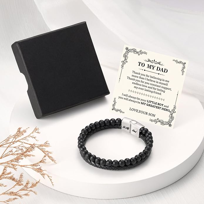 LUXEJEW Gifts for Men - Beaded Leather Bracelet 6mm Matte Agate Stone Bracelets for Men Dad Son Husband Boyfriend Grandpa Grandson Brother Uncle Nephew Adjustable Magnetic Clasp