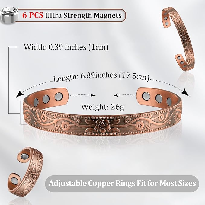 BioMag Copper Bracelet & Ring for Women, 99.99% Pure Copper Magnetic Bracelet Lymphatic Drainage Rings with 3500 Gauss Magnets, Adjustable & Flower Pattern