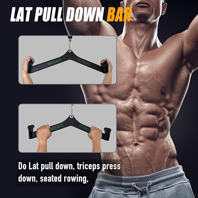 Home Gym Fitness Rowing T-bar V-bar Pulley Cable Machine Attachment, Bicep Curl Tricep LAT pulldown Bar Back Strength Training Handle Grips LAT Pull Down Bar for Seat Row Workout