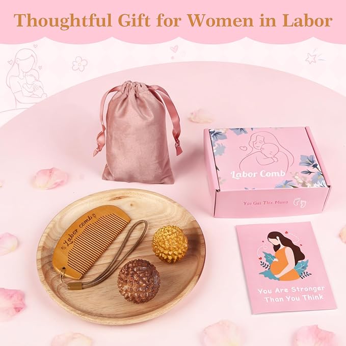 Labor and Massage Ball for Labor Pain, Wooden Birthing Comb with 2 PCS Acupressure Balls Set for Moms Pain Relief, Pregnancy Hospital Bag Essentials for Pregnant Women