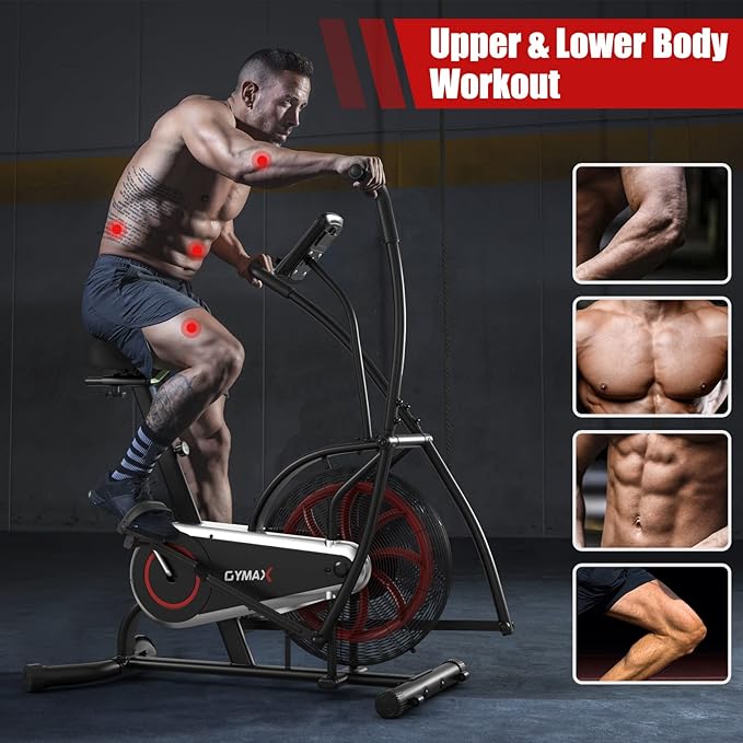 HOMGX Air-Resistance Exercise Bike, Cycling Exercise Machine with Dual Action Handlebars, Real-Time Monitor and Adjustable Seat for Leg/Arm/Full Body Workout, Fan Bike for Home Training
