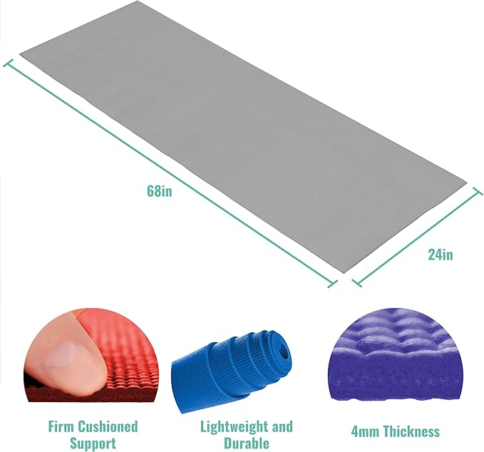 12-Pack Classic Yoga Mat With Carrying Strap, 68" x 24" Non Slip Exercise Mat, 4mm Thick Gym Mat, Bulk Non Toxic Yoga Mats for Home Workout, Schools, Classroom, and Studios
