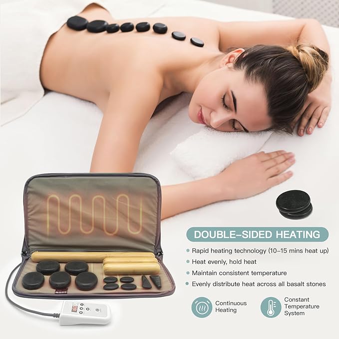 Massage Stones Set with Warmer Kit Hot Rocks Bamboo for Massage Hot Stones Massage Warmer Kit with Temperature Control and Carry Bag for Home Use (11 Stones and 3 Sticks) Suitable for Gifting