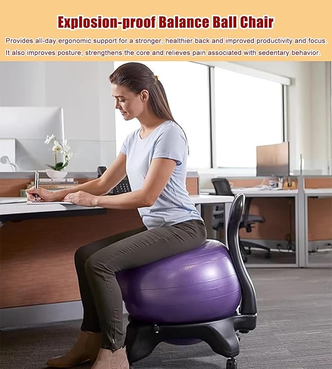 Adult Youth Balance Ball Posture Chair with Foot Pump, Ergonomic Office Chair Yoga Ball Chair, Home Gym Exercise Ball Chair Rolling Stool