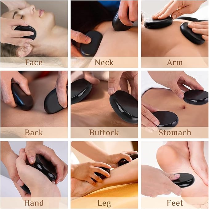 7 Pieces Hot Stones Massage Set - 6 Large Oval Massage Stones for Body Massage and 1 Heart-Shaped Basalt Stone Gua Sha Tool for Face Hot Rocks for Home Spa, Relaxing, Pain Relief