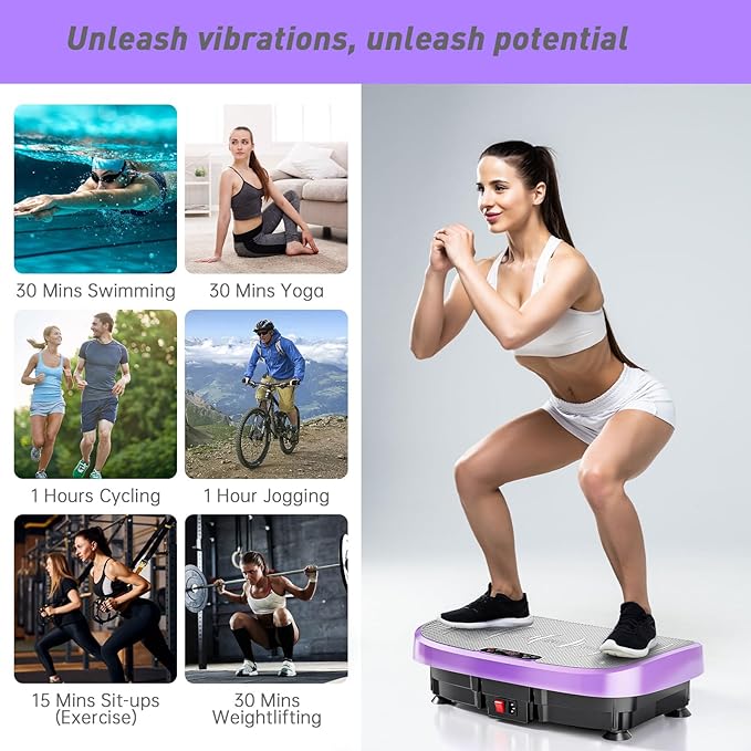 Vibration Plate Exercise Machine for Whole Body Workout, Vibrating Platform for Fast Weight Loss, Lymphatic Drainage & Pain Relief, Home Fitness Equipment with LED Touch Screen Pull Cord, Purple