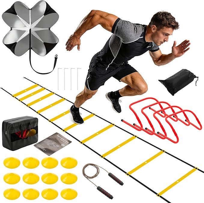 NEWBULIG Agility Ladder Speed Training Equipment, Football Practice Set with 20ft Ladder, 12 Cones, 4 Adjustable Hurdles, Jump Rope, Resistance Parachute for Soccer, Basketball, Youth, Adults
