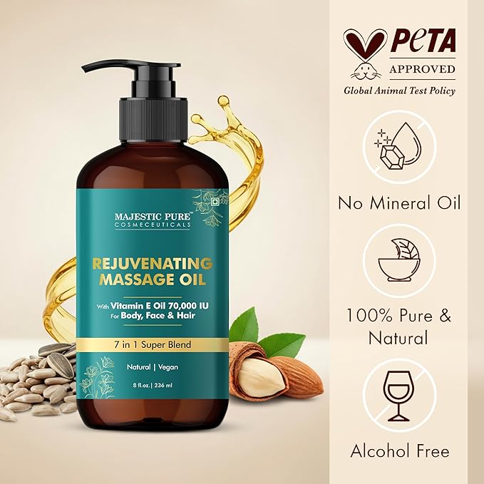 MAJESTIC PURE Vitamin E 70k Blend Massage Oil for Massage Therapy- Refreshing and Relaxing- Natural Oils with Almond, Jojoba, Argan & Avocado for All Skin Types- Men and Women Massage Lotion- 8 fl oz