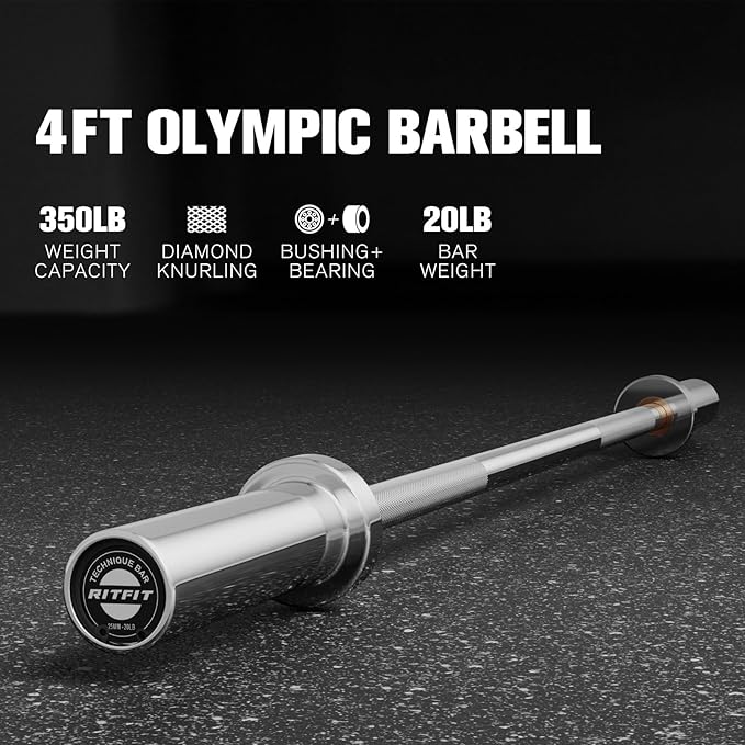 RITFIT Olympic Barbell 4ft/6ft - 2 Inch Weight Bar for Strength Training, Weightlifting, Squat, Deadlift, Bench Press, Curl, Overhead Press - 350lbs/500lbs Capacity