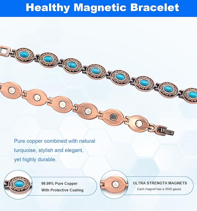 Copper Bracelets for Women, Pure Copper with Colored Turquoise Bracelet, 3500 Gauss Magnets, Fashion Jewelry（FUTI-1）