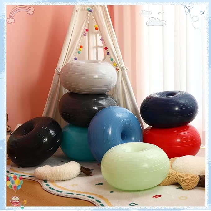Libima 8 Pcs Flexible Seating for Classroom Inflatable Yoga Ball Chairs with Pump Donut Exercise Ball Chair Cushion Seat for Office Balance and Stability Training Home Gym