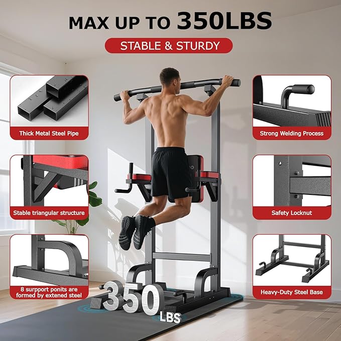 Pooboo Power Tower Dip Station Pull Up Bar for Fitness Home Gym Workout,450 Pounds Multi-Function Adjustable Height Fitness Strength Training Exercise Equipment,with Power Elastic Ropes