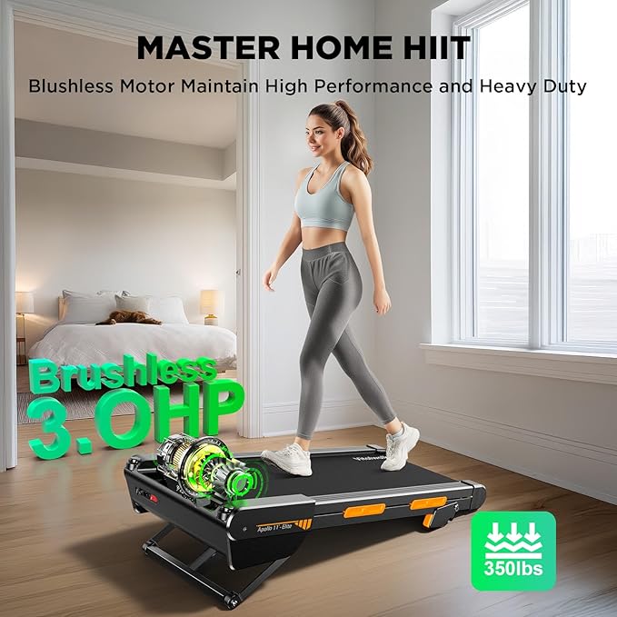 Walking Pad Treadmill with Incline, Full Deck, Auto Incline 12%-20%, 400/350lbs Capacity, Compact Under Desk Treadmills for Home Office, 3.0HP Brushless, Vertical Store Black-Apollo 11 Elite