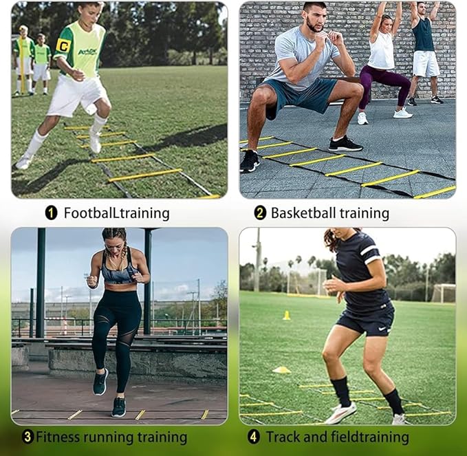 Speed Agility Ladder Training Set, Soccer Football Training Equipment Includes 12 Rung 20Ft Agility Ladder, 12 Disc Cones, 4 Steel Stakes, Resistance Parachute & Carry Bag
