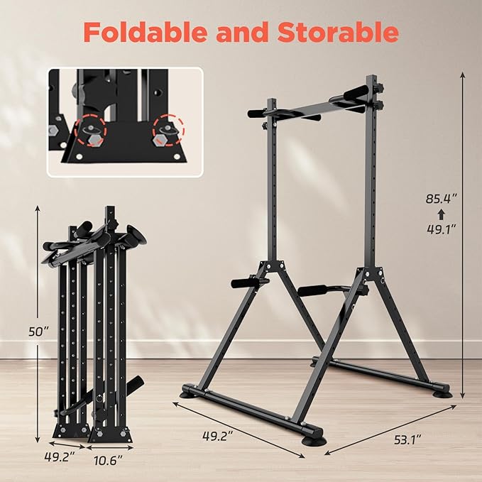 Foldable Power Tower Dip Station Pull Up Bar, Multifunction Triangular Structure Pull Up Station Home Gym Strength Training Workout Equipment