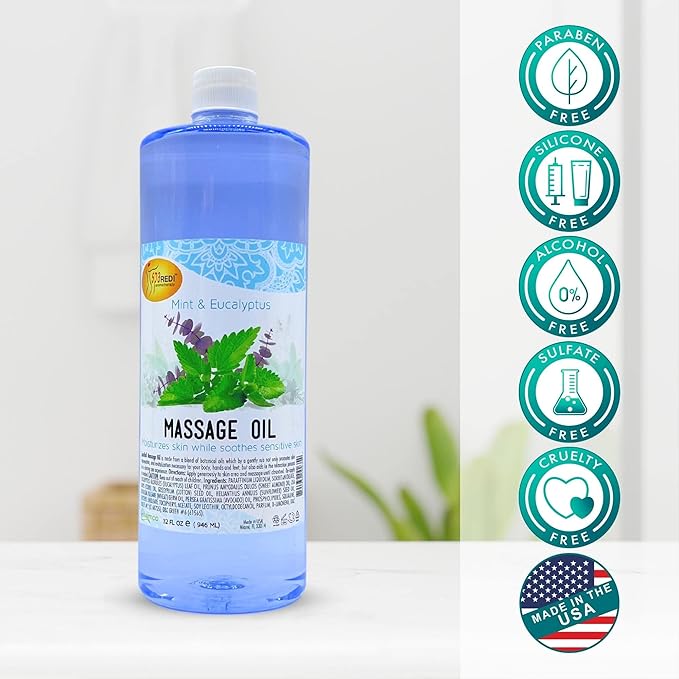 SPA REDI - Massage Oil, Mint Eucalyptus, 32 Oz - Professional Full Body Massage Therapy, Manicure, Pedicure - Relax Sore Muscles and Repair Dry Skin, Enhanced with High Absorption Oils and Vitamin E
