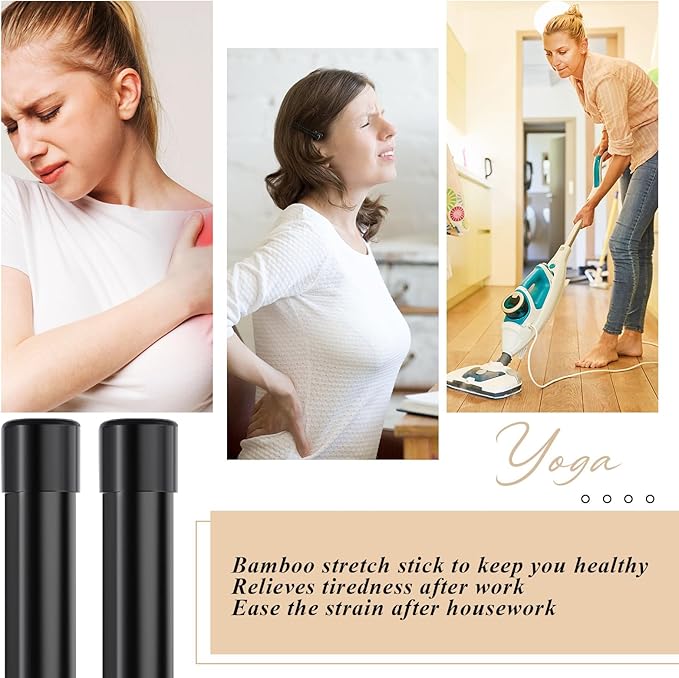 Hiboom 6/9 Pcs 5ft Yoga Stick Natural Bamboo Black Exercise Stick with Non-Slip Rubber Ends Stretching Tool Posture Corrector Stretch Tool for Flexibility, Workout, Balance Fitness