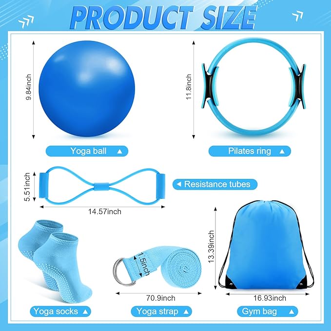 Poen 18 Pcs Home Pilates Ball and Ring Circle Set Yoga Fitness Essentials Kit with 5 Resistance Band Stretching Strap Non Slip Sock Ball Core Slider Wristband Headband Gym Bag for Women