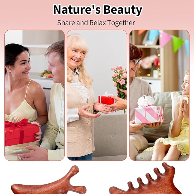 4 in 1 Natural Sandalwood Gua Sha Massage Tool, Face Eye Neck & Body Meridian Therapy Tool for Relaxation Lymphatic Drainage Massage Comb for Home Office Travel