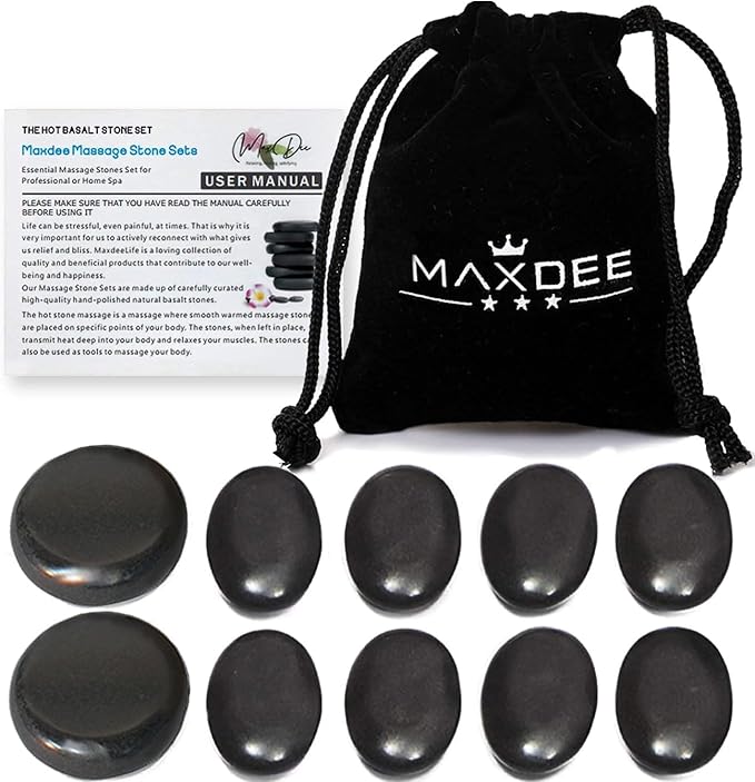 Maxdee Hot Stones Massage Set: 10 Small Hot Massage Stones for Professional or Home Spa Use, Ideal for Relaxation, Pain Relief, and Healing, 1.6"